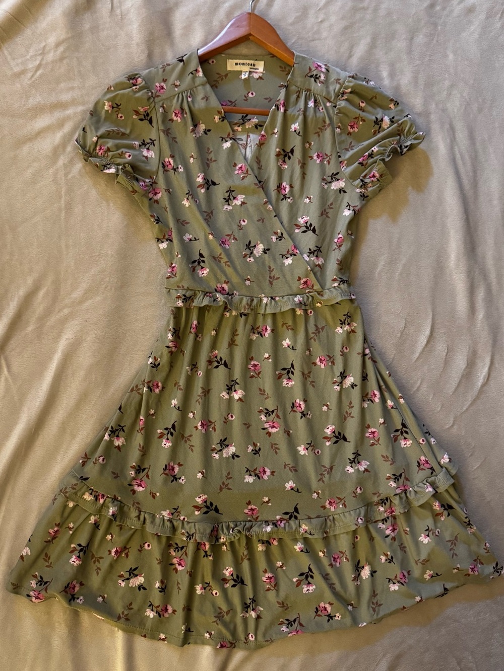 Monteau Olive Green Floral Ruffle Mini Dress - Picture 2 of 3